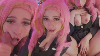 Mitsuri kanroji cosplayben élvezi a fasznak a lyukait és gigászi arconlövellést kap